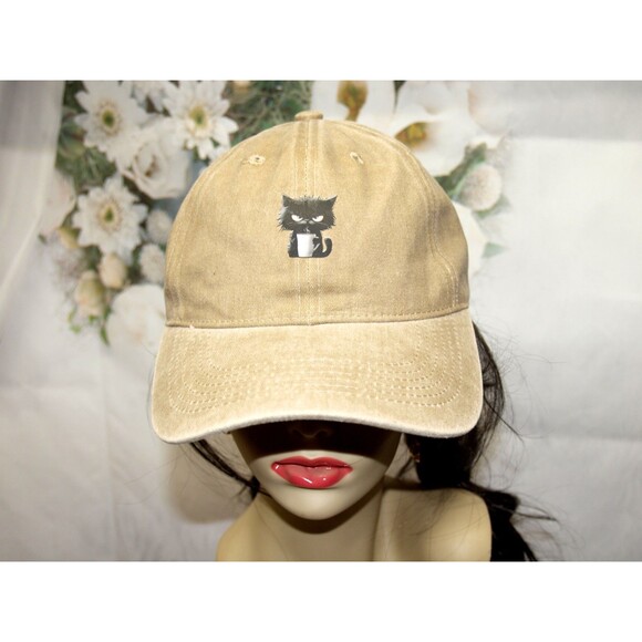 Angry Coffee Cat Hat New Grumpy Cat Coffee Cap Baseball Cap Unisex Stonewash NEW - Picture 2 of 4